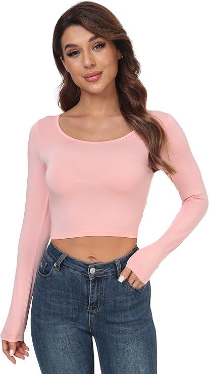 Crop Tops for Women Lightweight Long Sleeve Scoop Neck Basic Slim Fit Workout Shirts S