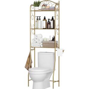 HOME BI Over The Toilet Storage Shelf, 3-Tier Over Toilet Bathroom Organizer Rack, Freestanding Space Saver Toilet Stands with Hooks (Gold), 31.501" W x 9.45" D x 46.45" H