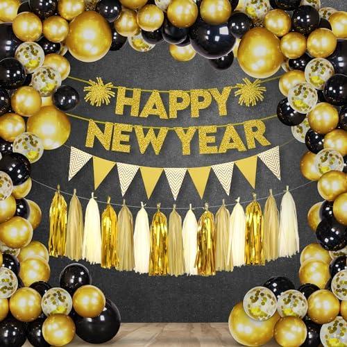KatchOn, Black and Gold New Year Balloon Garland Set- Pack of 96 | New Years Eve Balloon Arch with Happy New Year Banner | New Years Eve Party Supplies 2026 | Foil Tassel Garland, NYE Decorations 2026
