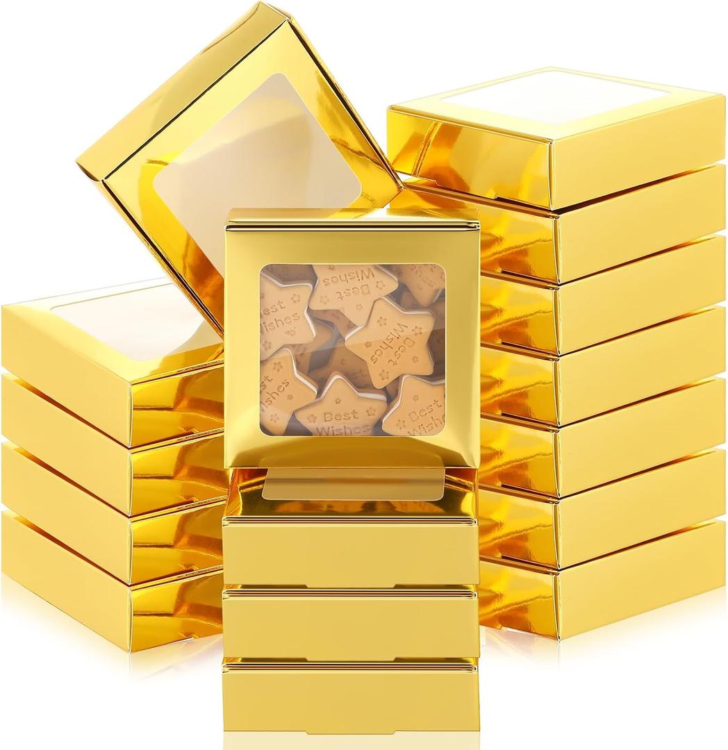 Zonon 30 Pcs Kraft Paper Boxes with Window 4.13 x 4.13 x 1.18 Inch Candy Packaging, Small Gift Boxes, Soap holder, Mini Treat Packaging for Bakery Chocolate Jewelry Display (Gold)