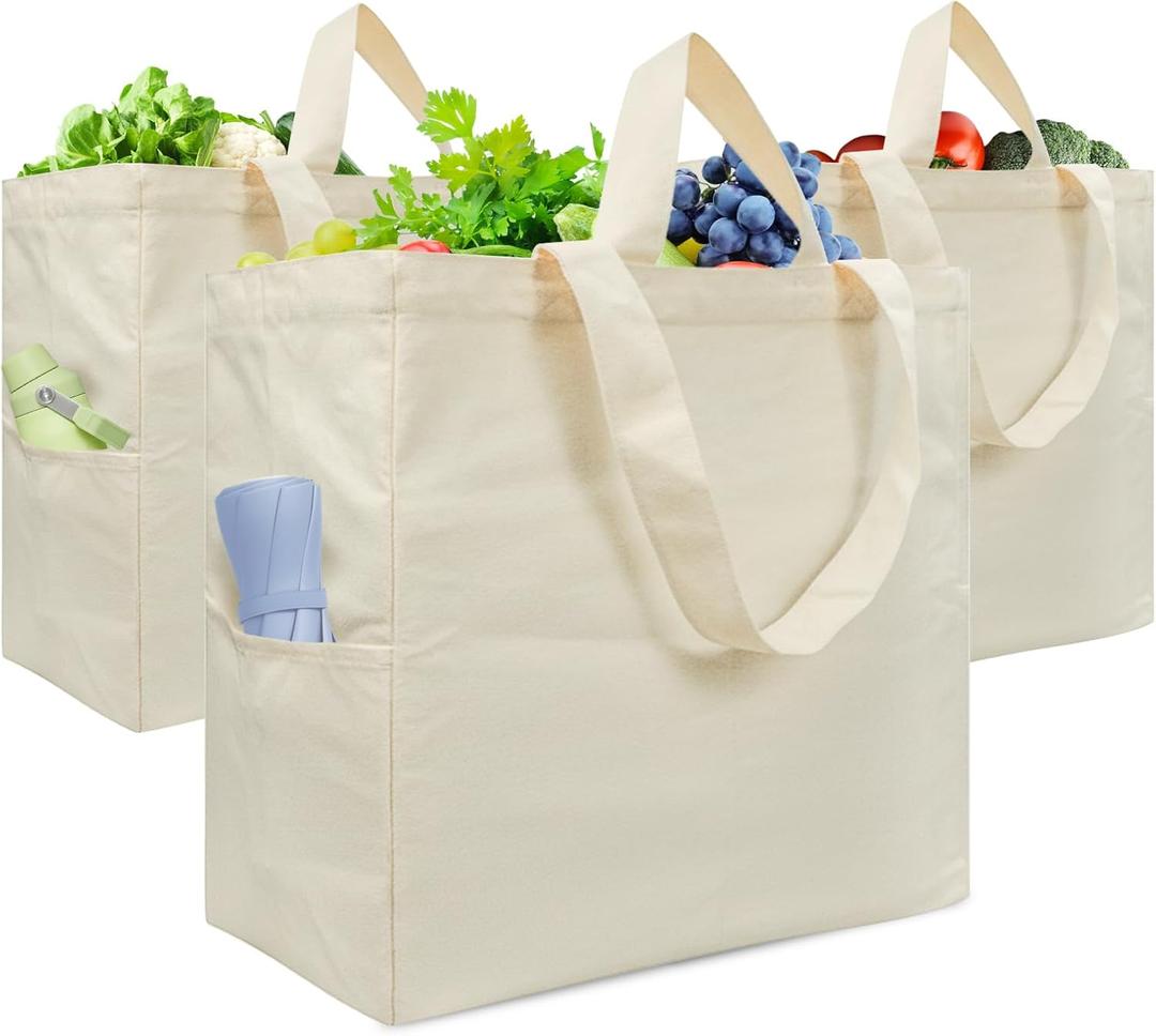 Canvas Tote Bag, Heavy Duty Reusable Grocery Bags with Pockets, Large Shopping Bags (3 Pack)