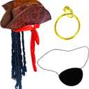4E's Novelty 3 Pcs Set Pirate Hat with Dreadlocks Eyepatch - Brown Tricorn Pirate Hat with Attached Hair & Bandana - Caribbean Halloween Pirate Costume Accessories for Men Women & Kids Dress Up