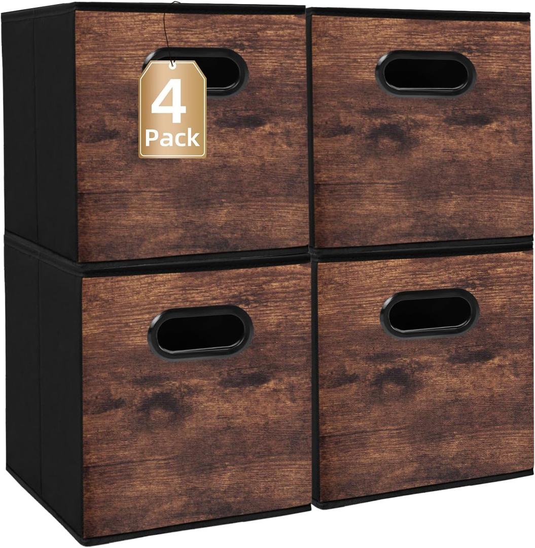 Fabric Storage Cubes, Collapsible Imitation Wood Organizer bins with 2 Handles - Set of 4, Fit Cube Storage Unit, for Clothes, Bedroom, Brown and Black (Small-10.5in x 10.5in x 11in-4 Pack)