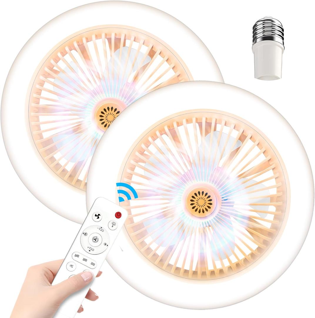 Socket Fan Light - 2 Pcs Socket Fan Ceiling 10" Fan With Light and Remote, E26 Base, 3 Speed Wind Adjustment, 3000-6500k Dimmable LED Light for Bedroom, Kitchen (Gold)