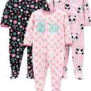 Simple Joys by Carter's Toddlers and Baby Girls' Loose-Fit Flame Resistant Fleece Footed Pajamas, Pack of 3 (Black Floral/Pink Panda/White Hearts)