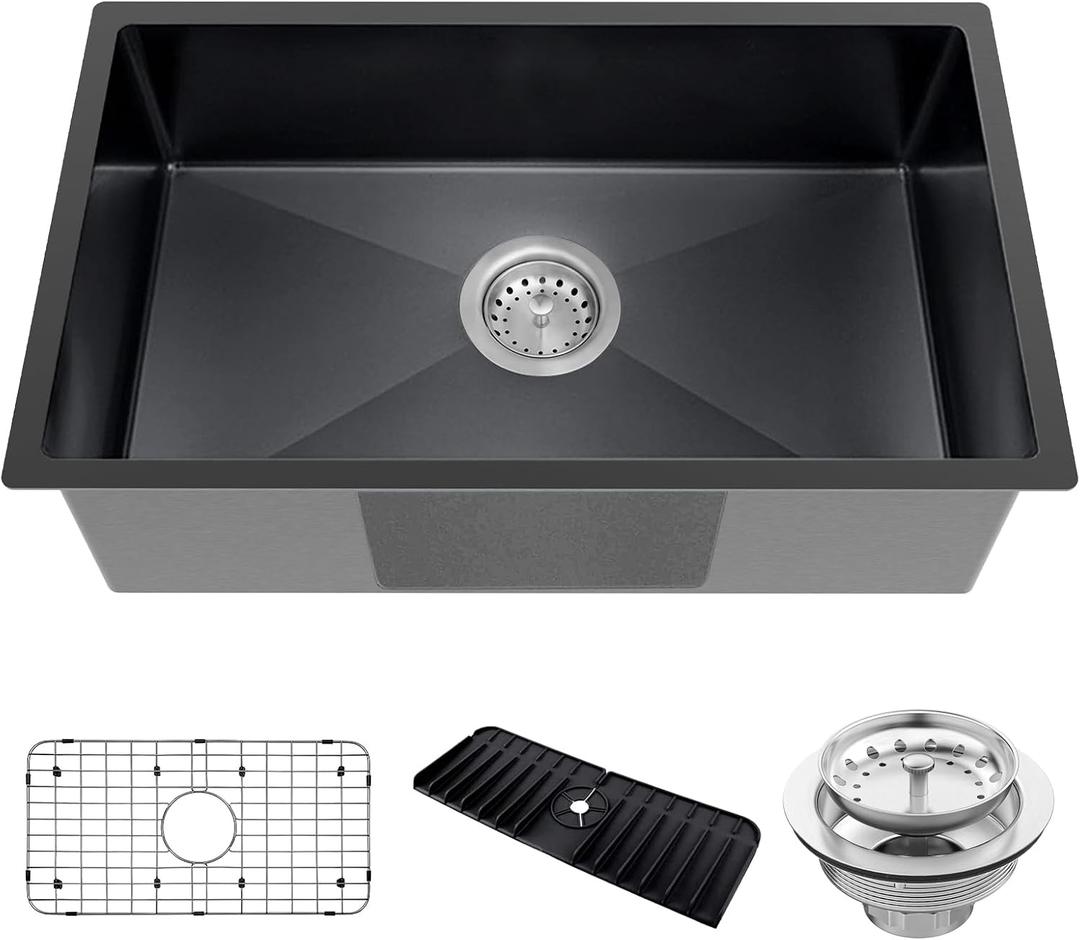 Black Kitchen Sink, Undermount Stainless Steel Bar Sink 30x18x9 Inch Drop In Single Bowl Kitchen Sink With Accessories-Sink Grid,Silicon Faucet Mat,Drain Assembly Set For Modern Kitchen Sink