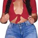 Bornpom Women Sexy Graphic Tees Low Cut V Neck Tops Short Sleeve Shirts Knot Front Tops (Red, M)
