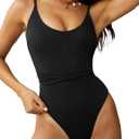 ZAFUL Women's One Piece Swimsuit Lace Up Tie Back Bathing Suits Ribbed Fully Lined Tummy Control Scoop Neck Padded Swimwear (Large, Black)