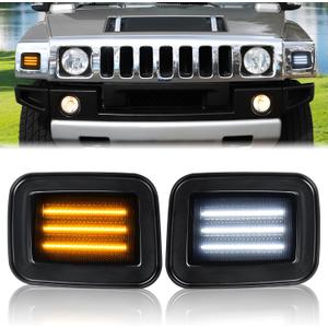 D-Lumina Smoked Len 3-Row Full LED Front Corner Side Marker Lights for Hummer H2 2003-2009, Amber Turn Signal Lights White Daytime Running Lights, Pack of 2