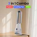 Bladeless Heater Fan, 25inch Heating & Cooling & Filter Combo Tower Fan 80 Oscillating with Remote, 9H Timer, 8 Speeds, Portable Quiet for Indoor, Bedroom, Home Office Room, White&Sliver