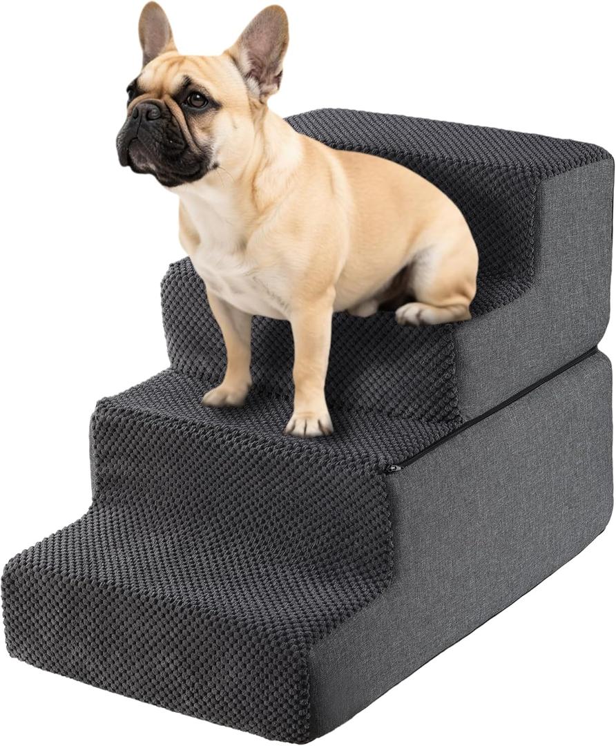 Dog Stairs for Small Dogs & Cats 18" H, 4-Step Non-Slip Dog Steps for Bed, Sofa and Chair, Pet Stairs with High Density Foam, Grey