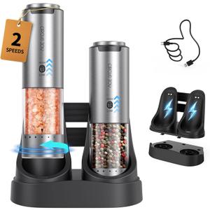 CIRCLE JOY Rechargeable Salt and Pepper Grinder Set Stainless Steel Electric Pepper Grinders with Variable Grinding Speed, External Adjustable Coarseness, Charging Base and White LED Light, Silver