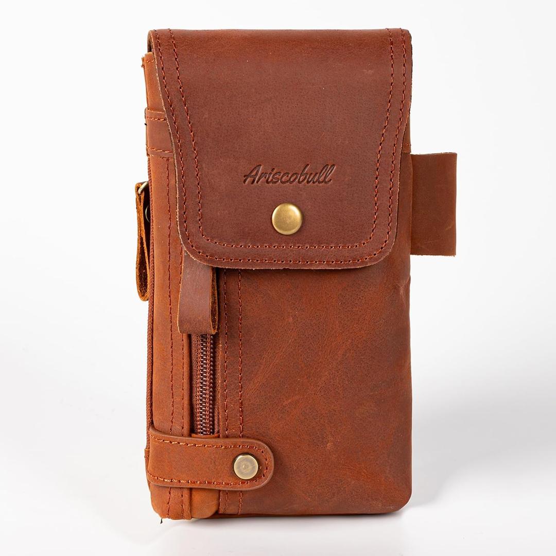 Leather Phone Holster - Genuine Full-Grain Buffalo Leather Cell Phone Holsters - for iPhone 16, 15, 14, 13pro, Galaxy S24, S23, S22-7”H X 3.5" W (Coffee)