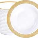 I00000 100 Gold Plastic Bowls, 12 oz White Disposable Bowls, Fancy Plastic Salad Bowl, Premium Heavy Duty Disposable Soup Bowl for Parties, Weddings, Dinners, Catering, Picnics