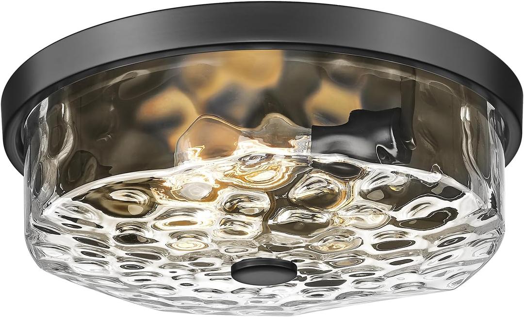 Flush Mount Ceiling Light with Water Ripple Glass Shade, Modern 3-Light Ceiling Lighting for Kitchen Living Room Porch Hallway, Industrial Black Ceiling Lamp for Lighting and Decoration