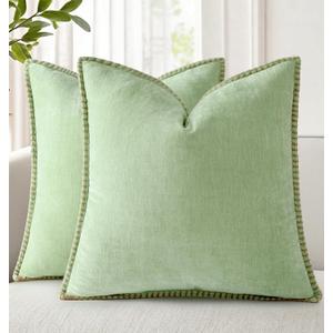 decorUhome Summer Chenille Soft Cozy Throw Pillow Covers 18x18 Set of 2, Modern Farmhouse Boho Velvet Decorative Pillow Cases with Stitched Edge for Couch Sofa Bed Home Decor, Sage Green