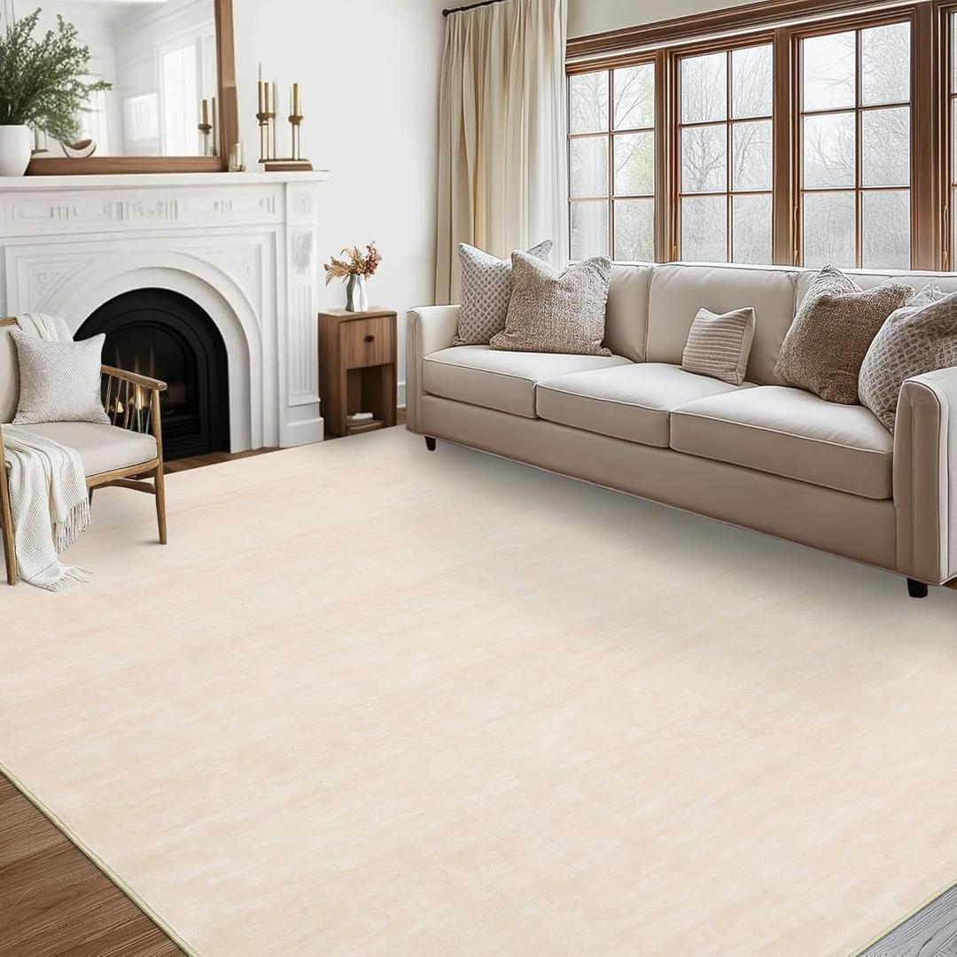 RUGSREAL Solid Area Rug 9x12 Large Living Room Rug Stain Resistant Dining Room Throw Carpet Modern Washable Area Rug Non-Slip Low Pile Boho Rug for Bedroom Home Decor Office, 9' x 12' Ivory Beige