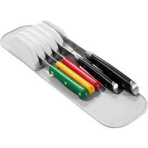Madesmart Classic 5-Slot Small Knife Holder Storage Mat for Drawers, Soft-Grip Kitchen Knife Block, White/Gray