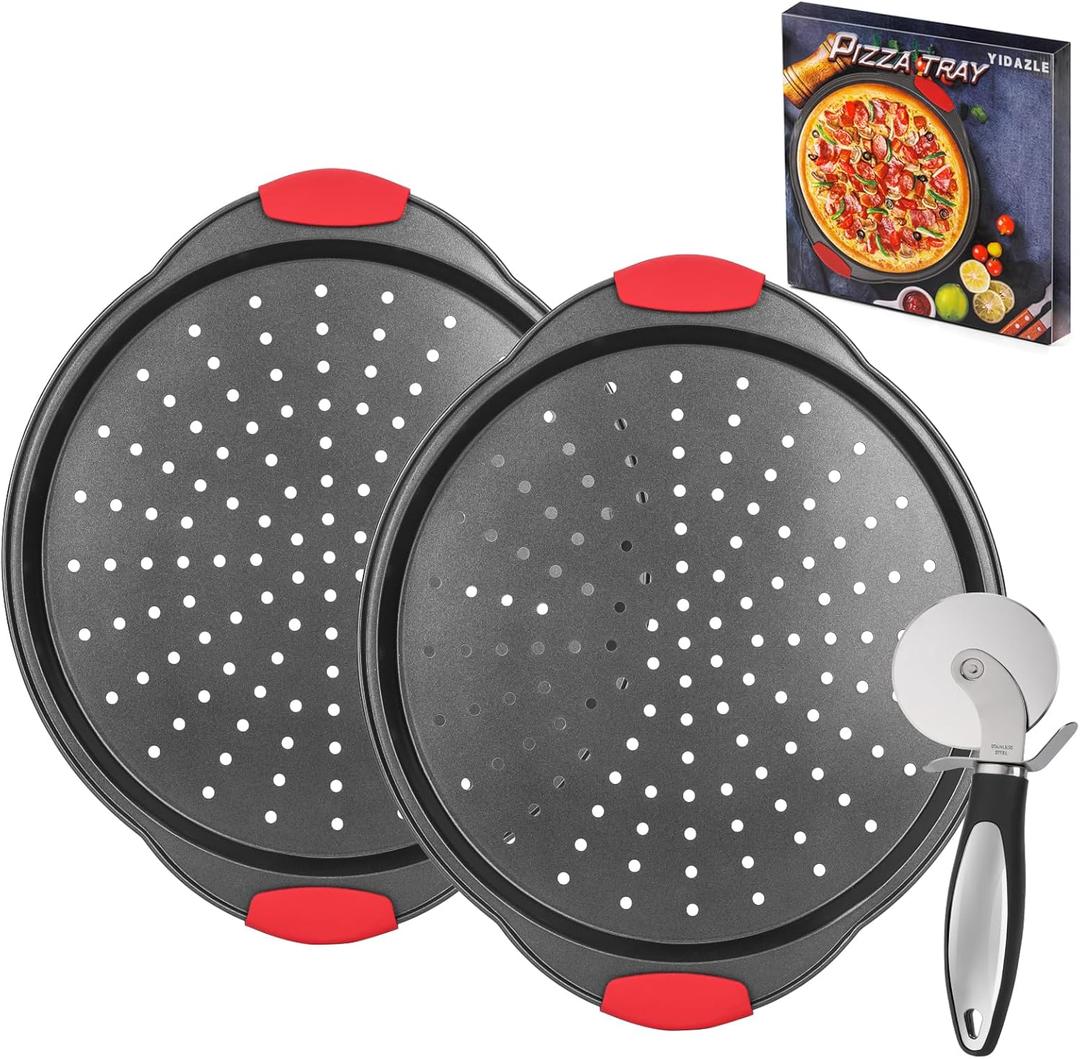 Pizza Pan for Oven (2 PACK), Pizza Baking Trays with Pizza Cutter, Non-Stick Pizza Baking Pan with Perforated Holes and Silicone Handle, Oven & Dishwasher Safe Carbon Steel