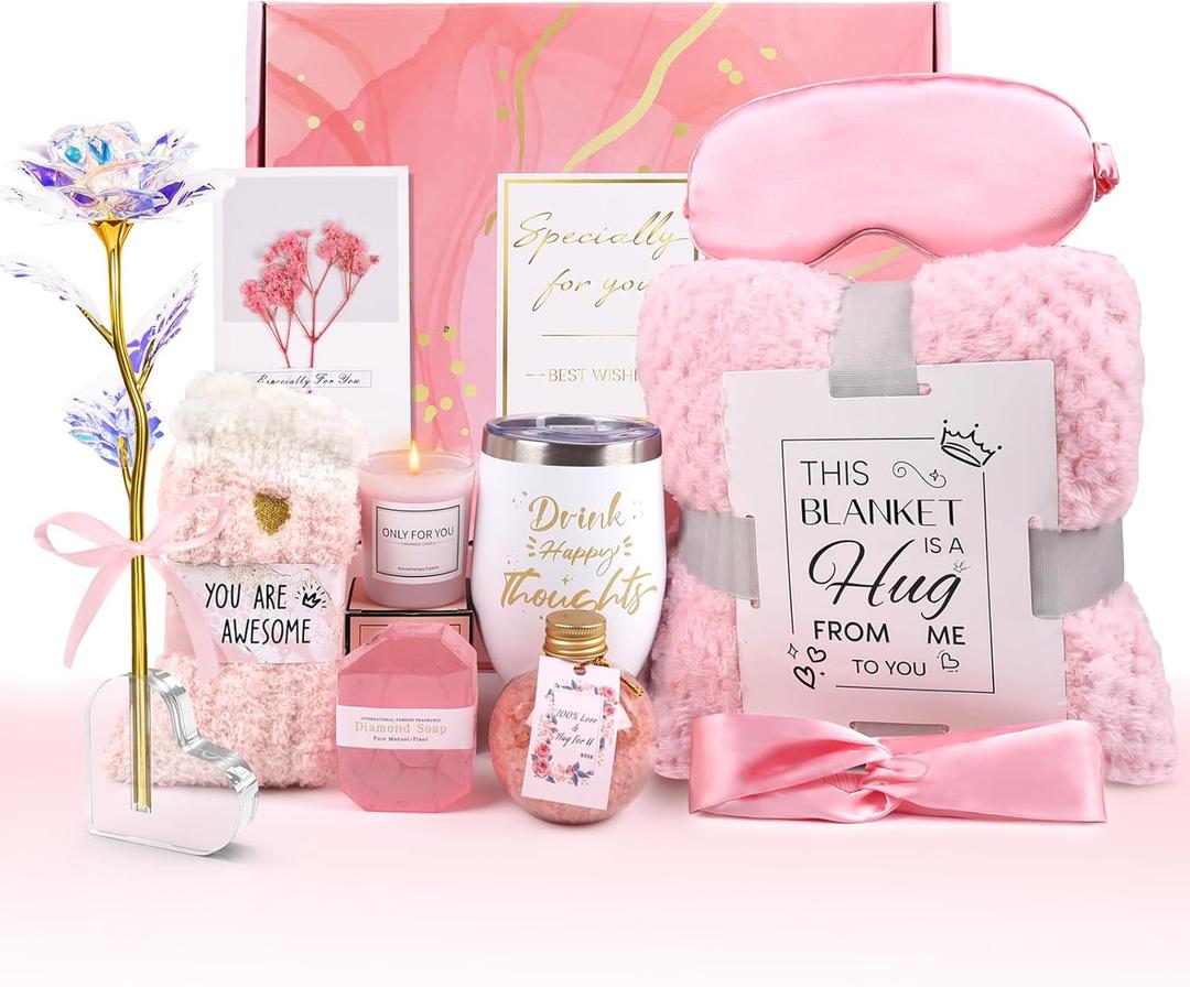 Mothers Day Birthday Gifts for Women Self Care Gift Get Well Soon Gifts, Rose Relaxing SPA Gift Basket Care Package, Luxury Flannel Blanket Valentine's Day Gift for Her Wife Mom Grandma Friend Pink