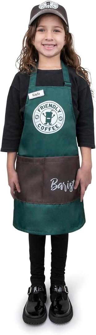 Dress Up America Barista Costume for Kids - Green Apron and Cap - Coffee Barista Costume Set (Medium-Large)