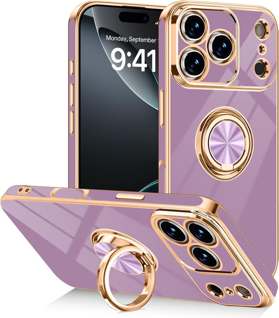 Designed for iPhone 17 Pro Case with Ring Stand, 360 Rotatable Holder Support Magnetic Car Mount Soft TPU Plating with Full-Covered Lens Protection Phone Case for iPhone 17 Pro Purple