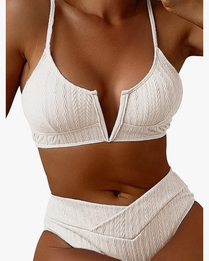 HYTENSUN Women's V Cut High Waisted Bikini Ribbed V-Wired Cami Two Pieces Swimsuit L
