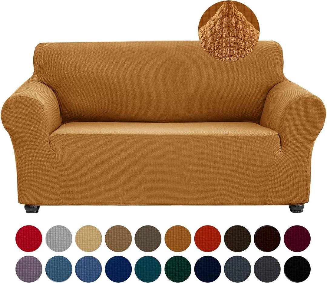 Joccun Stretch Loveseat Couch Cover Slipcover, 1-Piece Sofa Cover for 2 Cushion Couch Spandex Jacquard Washable Furniture Protector Cover for Living Room,Kids,PetsLoveseat,Gold (Medium55"-78"))