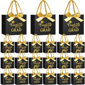 Moinchore 30 Pcs Black Gold Graduation Paper Gift Bags Bulk 5.5 x 4.7 x 2.5'' Mini 2026 Congrats Grad Favor Bags with Handles Bow Ribbon Wrap Graduation Day Party Supplies for College High School