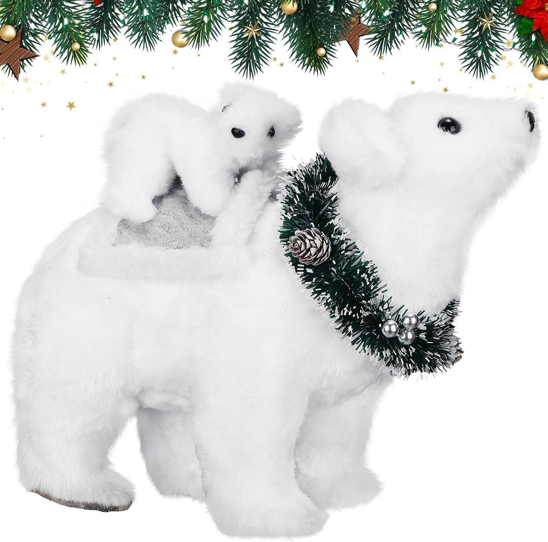 Wesiti Christmas Polar Bear Decorations White Faux Fur Polar Bear Wearing Garland Mom Stuffed Animal Centerpieces Xmas Plush for Holiday Birthday Rustic Home Winter Wonderland Party Gifts