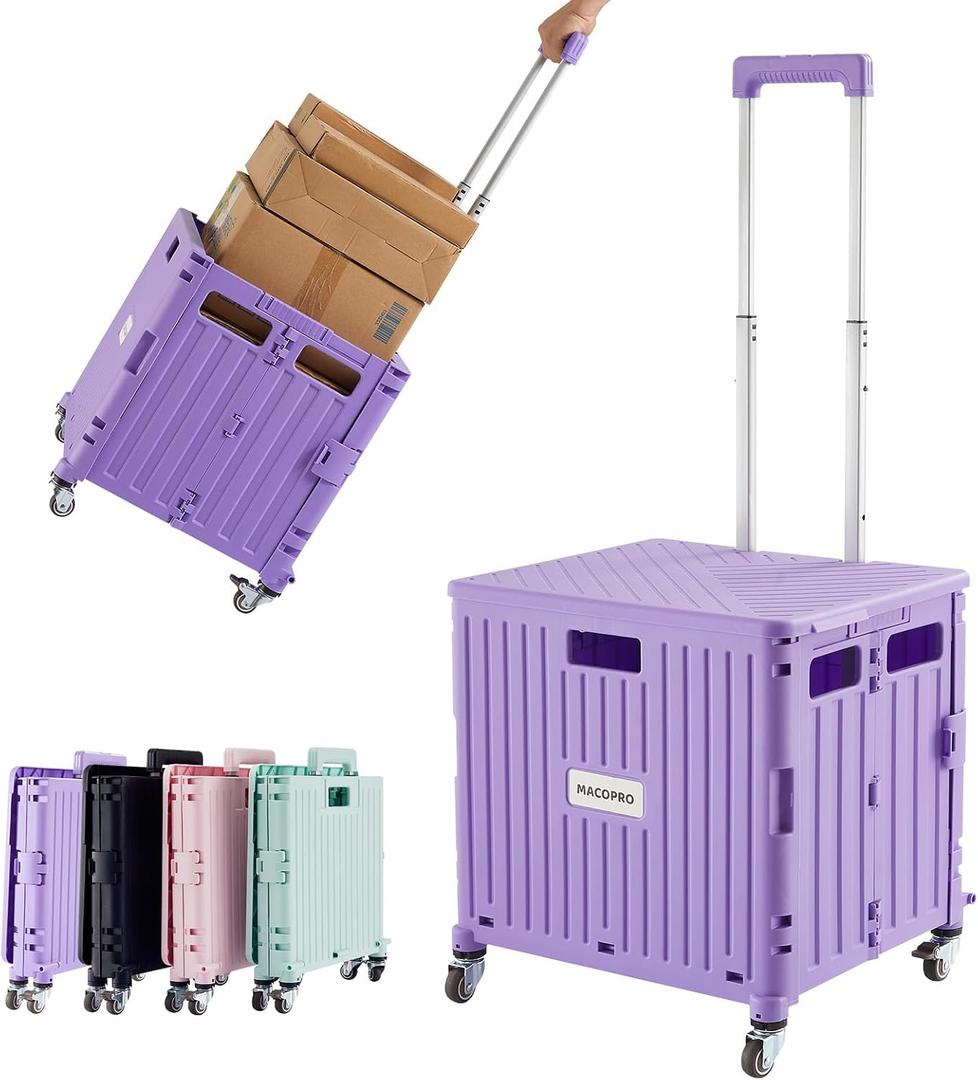 Foldable Utility Cart Folding Portable Rolling Crate Handcart with Durable Heavy Duty Plastic Telescoping Handle Collapsible 4 Rotate Wheels for Travel Shopping Moving Luggage Office Use (Purple)