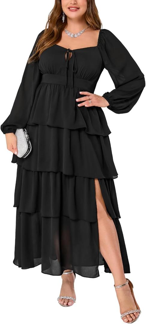 EYWOL Womens Plus Size Floral Tiered Ruffle Long Sleeve Evening Party Wedding Guest Dress (Black, M)