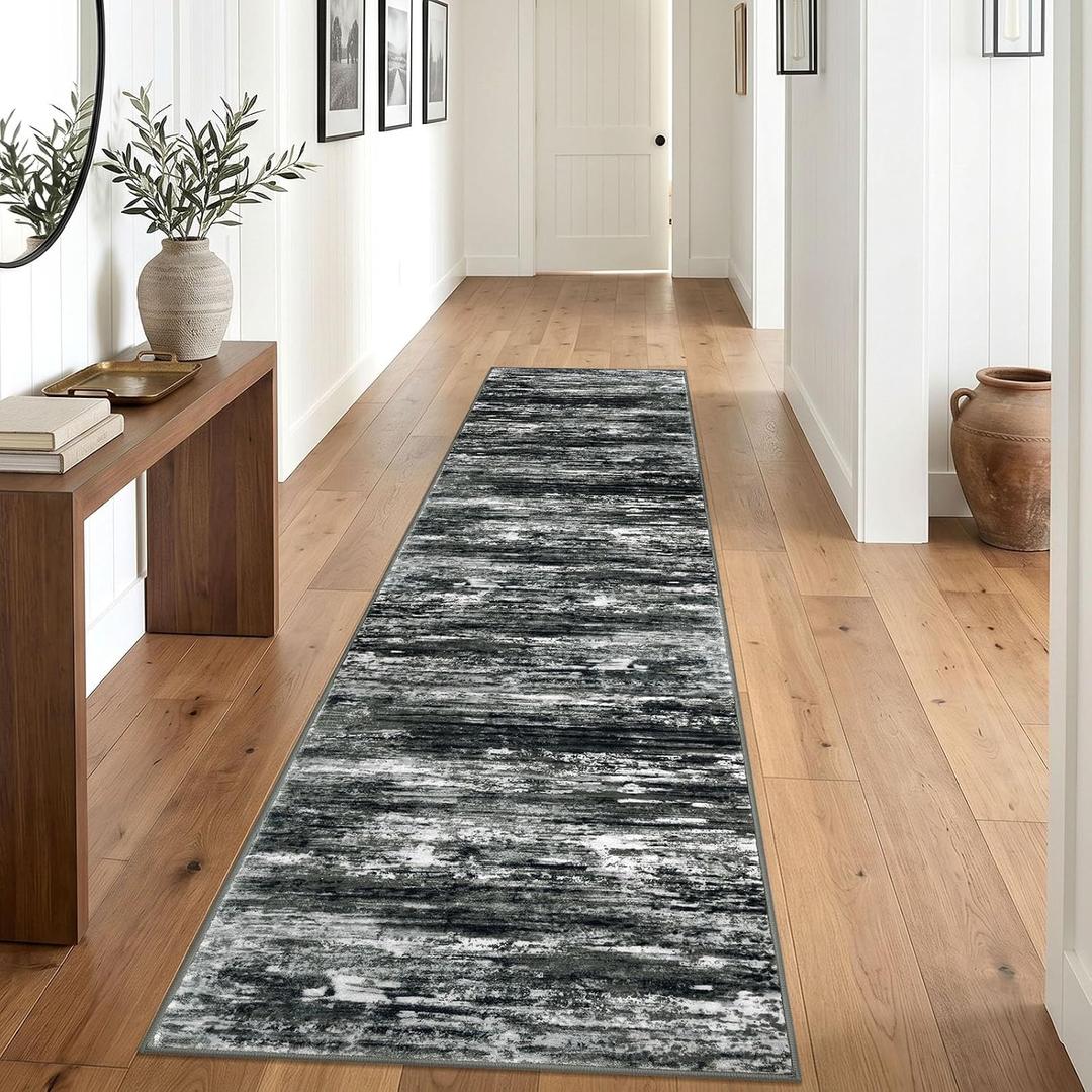 KOZYFLY Modern Hallway Runner Rug 2.6x12 Washable Rug Runner Black Grey