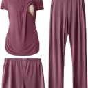 SUNNYBUY Womens Maternity Nursing Pajamas Set, Short Sleeve Breastfeeding ShirtsPregnancy Shorts & Pants 3 Piece Nursing PJS (Red, XL)