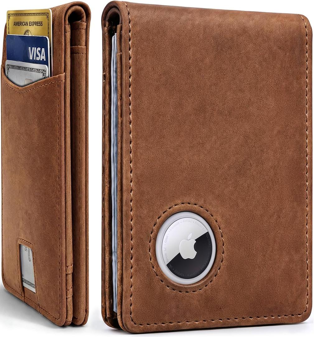 EVEO AirTag Wallet Men - Bifold Genuine Leather Wallets for Men, Air Tag Wallet With AirTag Holder, Smart Wallet for Mens Minimalist Wallet | Money Slot,10 Cards, AirTag Not Included* - Vintage Brown