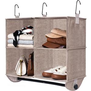 StorageWorks Hanging Closet Organizer with Metal Rod, 4-Section Closet Organizers and Storage, Collapsible Hanging Shelves for Baby Clothes, Shoes, Sweater Storage, Brown and Beige