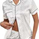 OYOANGLE Women's 2 Piece Satin Pajamas Set Leopard Button Shirt Shorts Set Loungewear (White), M