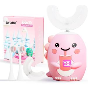 Kids U Shaped Electric Toothbrush with 4 Brush Heads, Sonic Toothbrush Kids with 5 Modes, Cartoon Dinosaur 360-Degree Cleaning IPX7 Waterproof Design (2-6 Age (Pink))