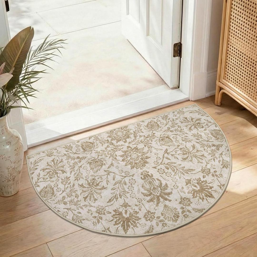jinchan Torino Floral Entryway Rug 2x3 Half Circle Area Rug Washable Vintage Classic Indoor Half Moon Doormat Lightweight Soft Small Non-Slip Semi Circle Carpet for Kitchen Laundry Room Bathroom Taupe