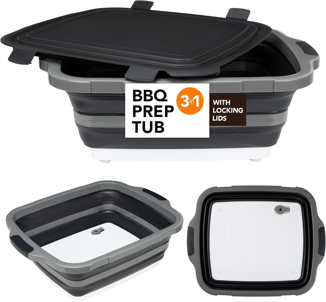 Large Collapsible BBQ Prep Tub with Locking Lid, Basket for Meal Prep Marinating Food Storage, Plastic Cutting Board(4.22 Gal/16L), Camping Sink with Colander, Dish Basin (Black)