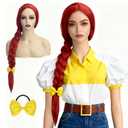 QACCF Long Red Braided Wig with Yellow Bow Hair Accessory Cosplay Costume Women Wig