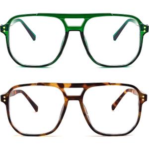 FEISEDY 2Pack Blue Light Blocking Glasses Fake Nerd Clear Square Computer Lightweight Pilot Glasses Frame Oversized B2866