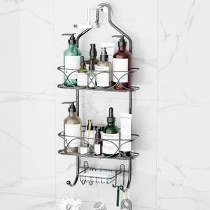 Shower Caddy Hanging Organizer, Over Shower Head Rack Removable Design For Versatile Storage of Bottles and Accessories With Suction Cup Hooks Black Coated