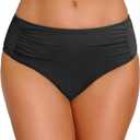 Women Full Coverage Bikini Bottoms - Mid Rise Bathing Suit Ruched Swim Bottom Swimsuit Swimwear (Medium, Black)