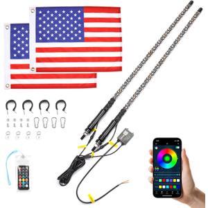 KEMIMOTO 2pc 4ft Bluetooth LED Whip Lights for UTV, Turning Signal Function Compatible with Polaris RZR Can-Am Maverick X3, App & RF Remote Control LED Light Whip for SXS ATV Buggy Boat Offroad