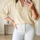 Cicy Bell Womens 3/4 Sleeve Sparkly Tops Metallic Casual Blouses Loose Fit Collared V Neck Glitter Party Shirts (Gold)
