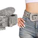 INOGIH Glitter Western Cowboy Style Rhinestone Belt Luxury Bling Bling Diamond Crystal Studded Belts for Jeans Pants Dress (105cm/Suit for 28''-37'' Waist, Silver)