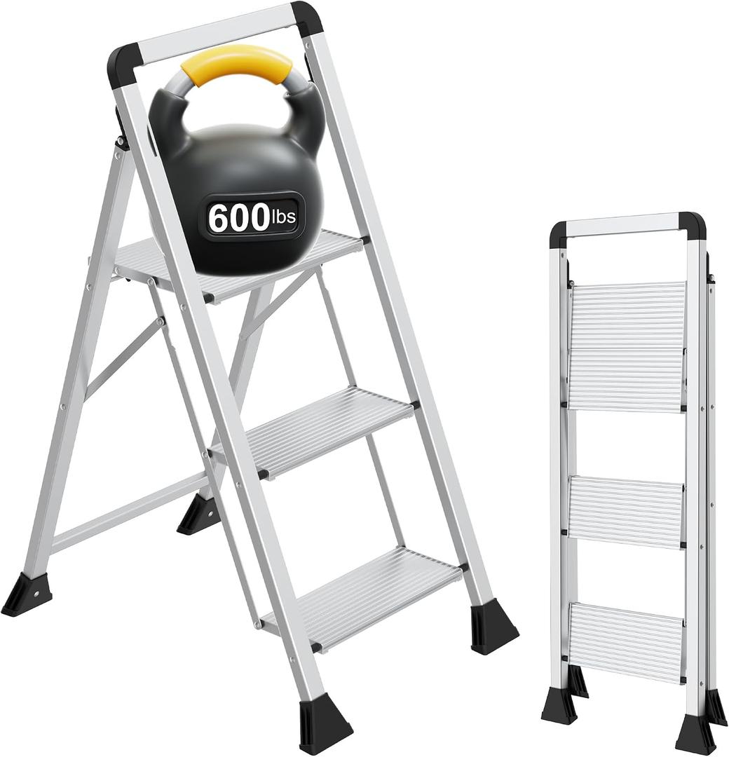 3 Step Aluminum Ladder with Wide Pedal and Handgrip, 600 lbs Capacity Heavy Duty Step Stool, Lightweight Aluminum Step Ladder, Foldable Ladder with Large Non-Slip Feet for Home, Kitchen & Garage