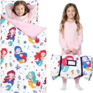 JOIEDOMI Toddler Sleeping Bag for Kids 55''x30'' Nap Mat with Removable Pillow and Minky Blanket for Toddler Ages 3-7 Roll Up Soft Kids Sleeping Bag for Boys Girls Kindergarten Daycare Sleepover (Pink Mermaid)