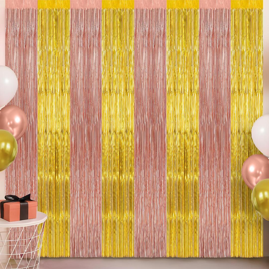KatchOn, Rose Gold Fringe Curtain Backdrop - Pack of 2, 6.5x3.2 Ft | Rose Gold Decorations, Bachelorette Party Decorations Bride Be Party Streamers for Wedding Anniversary, Bridal Shower Backdrop
